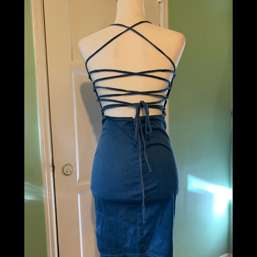 Faux denim body con dress